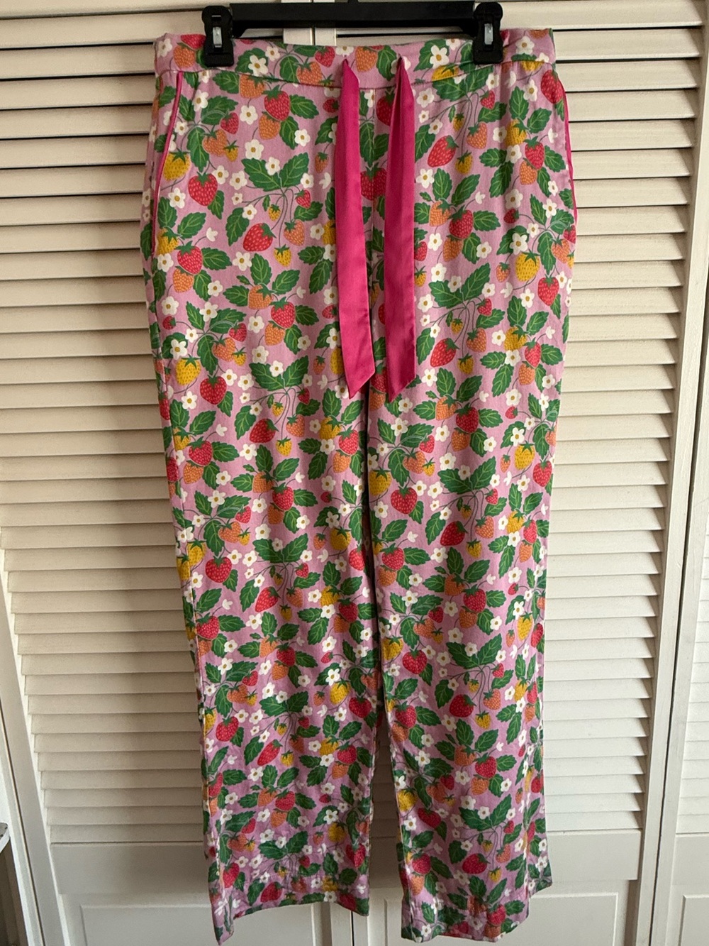 Boden Women’s Pink Strawberry Floral Pajama Pants with Satin Drawstring